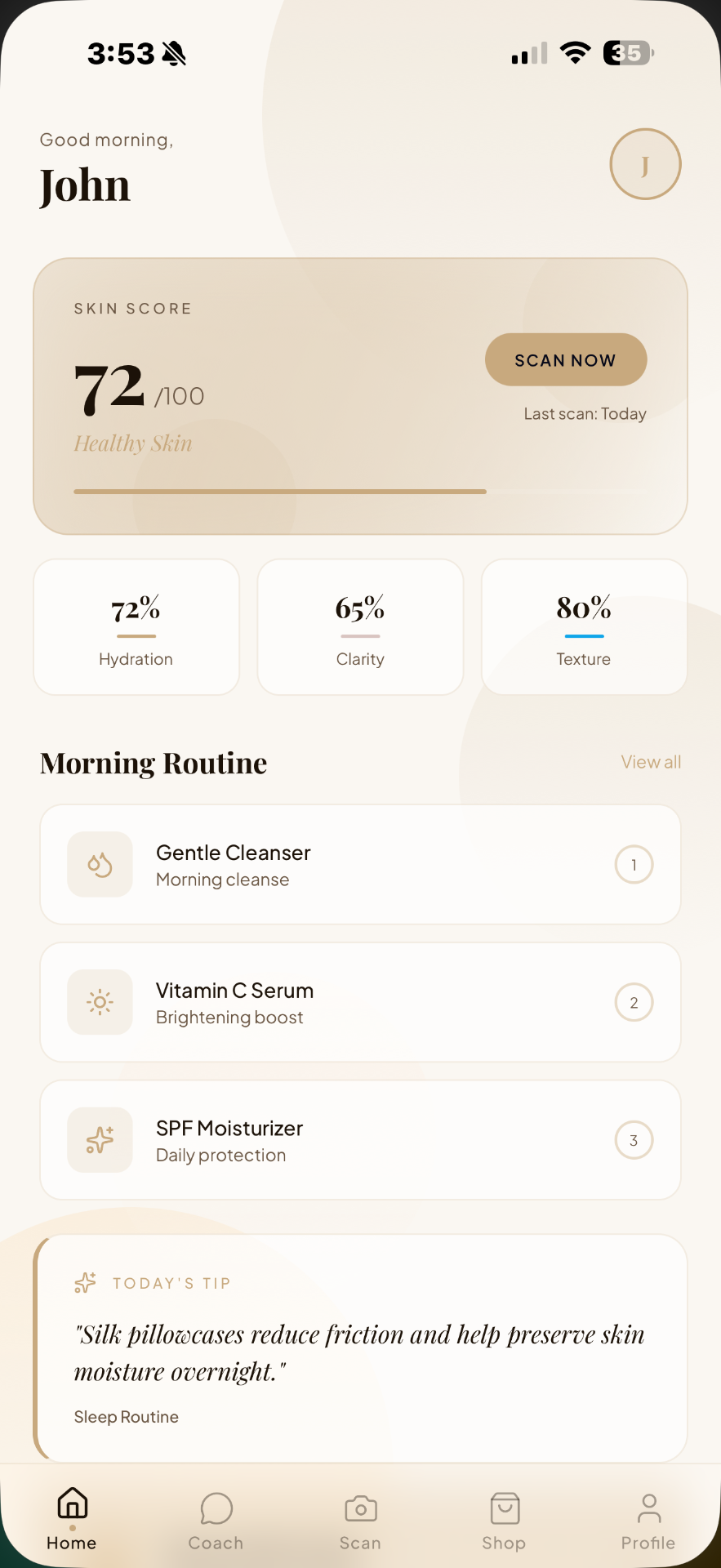 SKINVOIRE app home screen showing skin score and morning routine