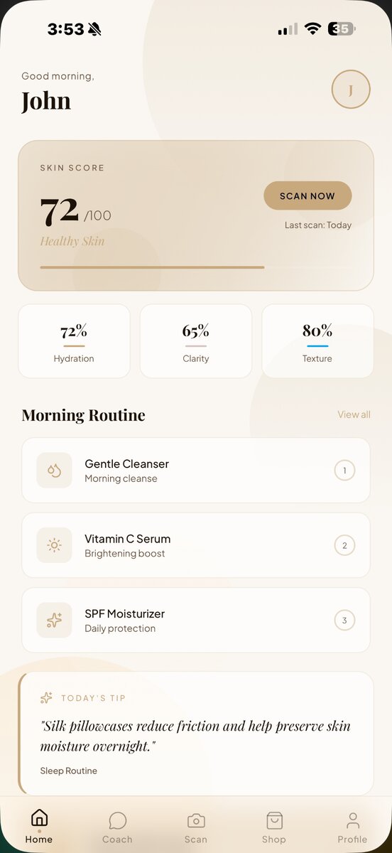 SKINVOIRE app home screen showing skin score and morning routine